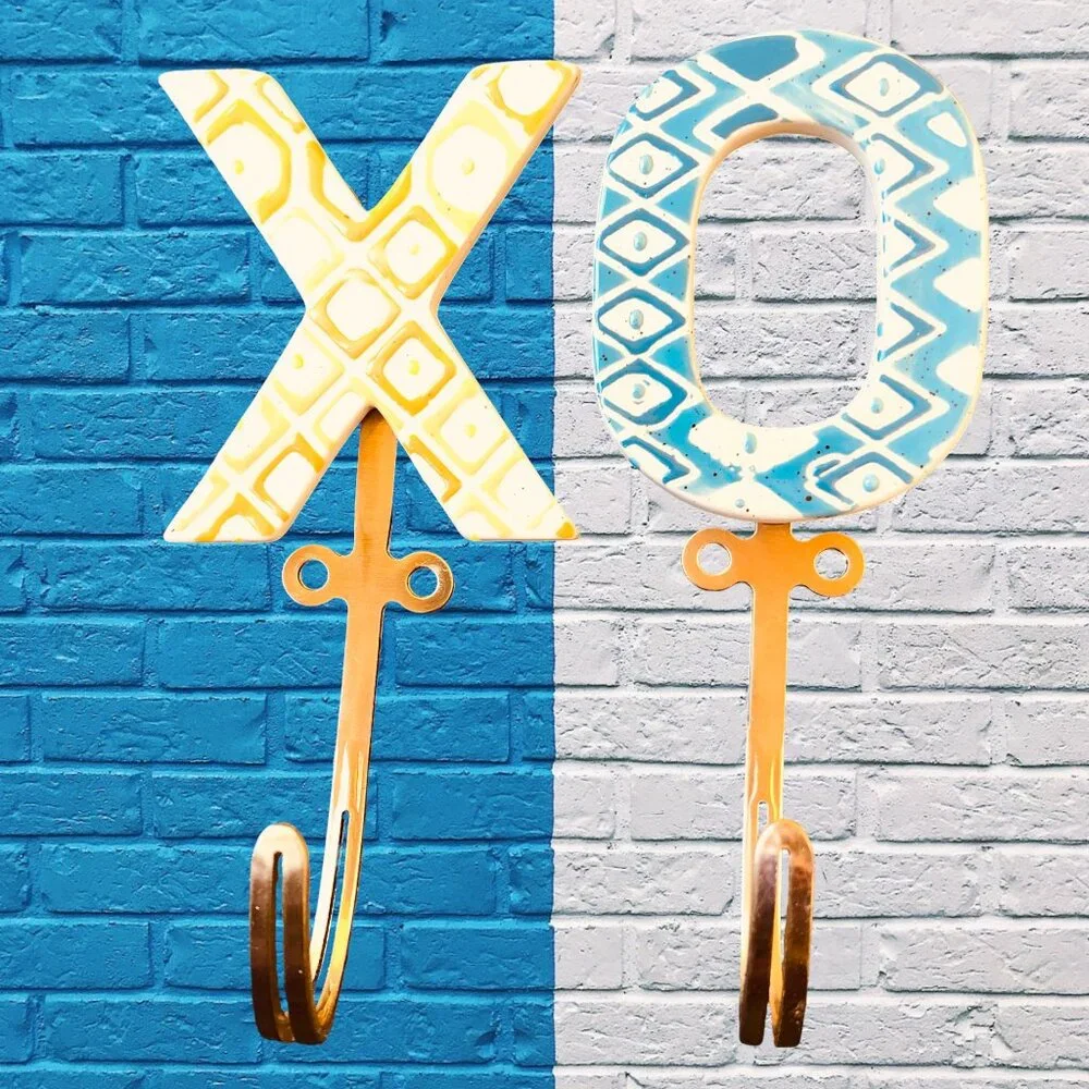 Decorative Ceramic + Metal Wall Mount Hooks Letters X + O